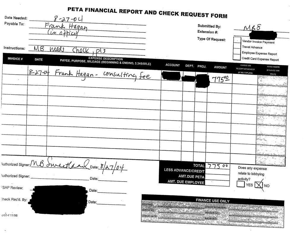 Date Needed PETA Case FINANCIAL 1:03-cv-02006-EGS Document 460-8 Filed 03/09/09 Page 5 of 34 REPORT AND CHECK REQUEST FORJVJ Payable To Submitted By Extension Type Of