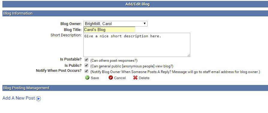 Short Description type a brief description of your Blog (optional) Is Postable? If checked, the public can Reply to your Posts Is Public?