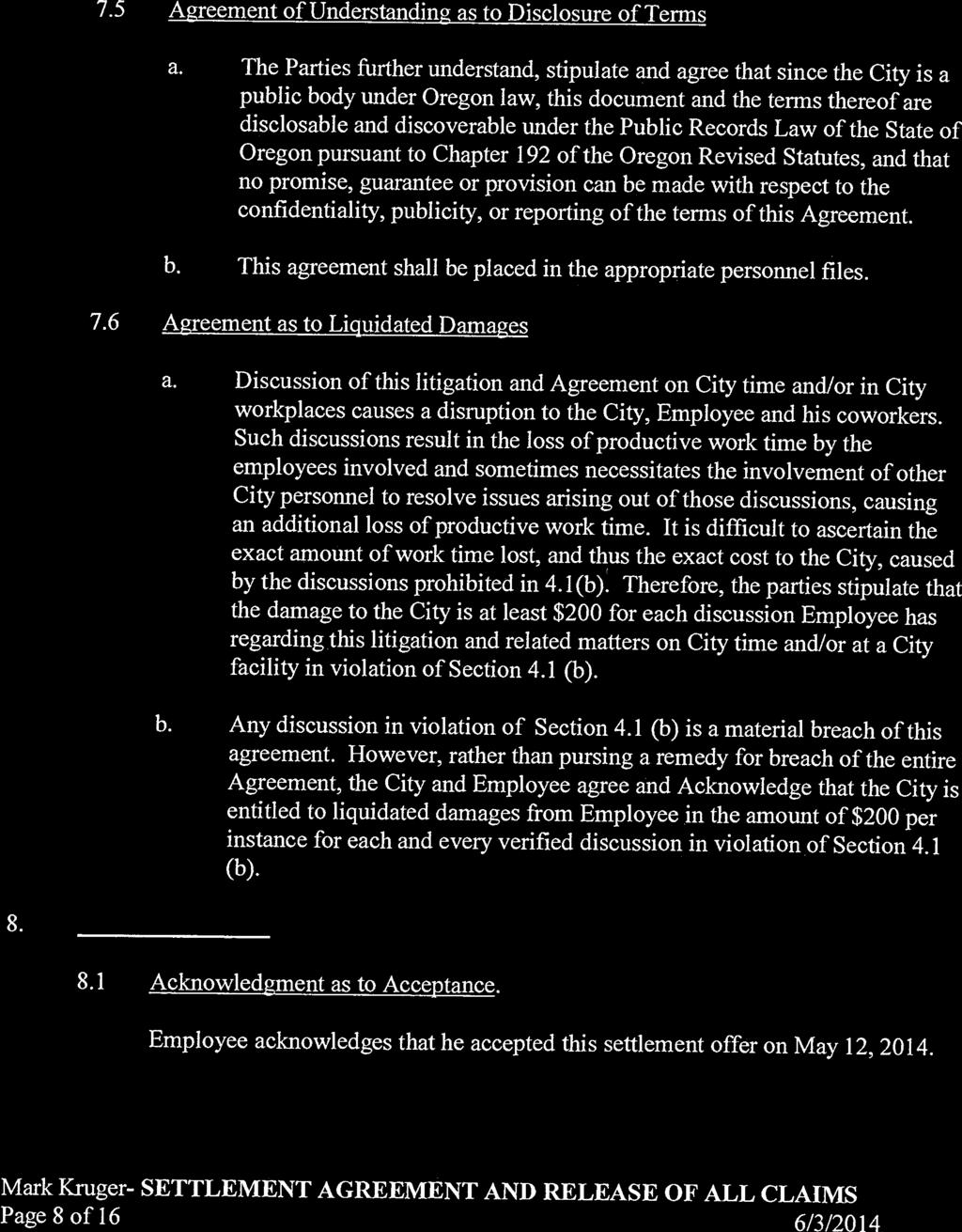 7.5 Agreement of Understanding as to Disclosure of Terms a.