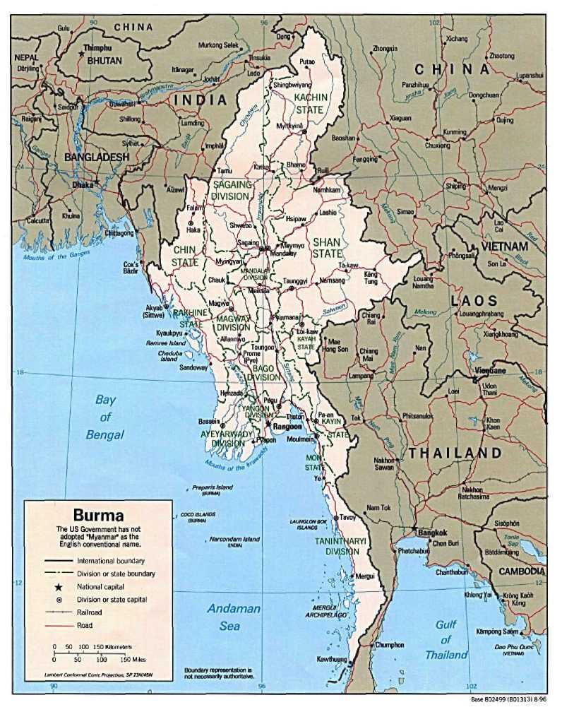 Map of Burma, showing its 7 states, 7 divisions and the surrounding countries. Karenni (Kayah) state is at the very centre of the map.