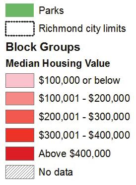 North Richmond, Iron Triangle, South Richmond and parts of North and East have Block Groups with median