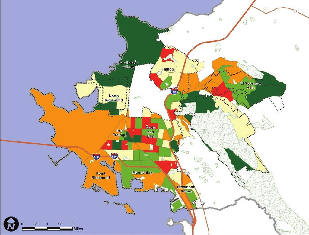 Parchester Village and parts of North Richmond and El Sobrante Hills display high gains in median income