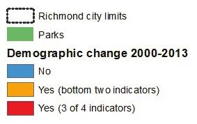 20 RICHMOND STAGES OF GENTRIFICATION: MAP 12 MAP 12 Demographic Change The second component of the assessment measures whether there has been gentrification-related demographic change.
