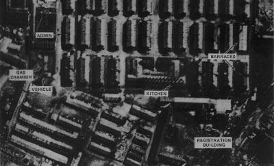Aerial photograph of gas chambers and prisoner barracks at the Auschwitz I complex taken on 4