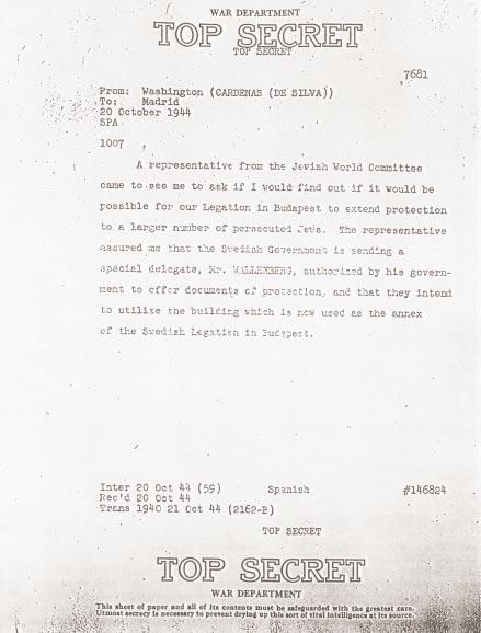 Intercepted 20 October 1944 Spanish diplomatic cable from the Ambassador to Washington, Cardenas de Silva, to Madrid that reports request for Spanish