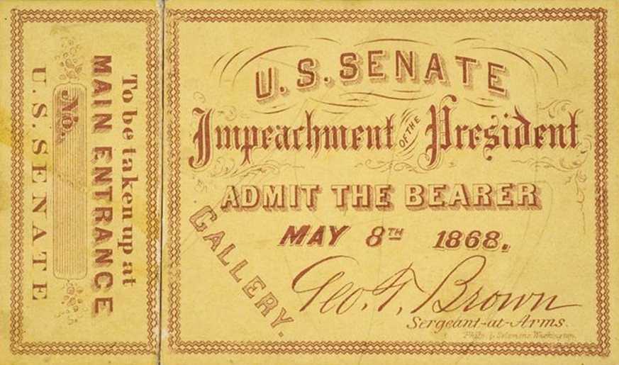 Impeach President Johnson! 1868 Johnson charged with misconduct by Congress when he dismissed Sec. of War Stanton.