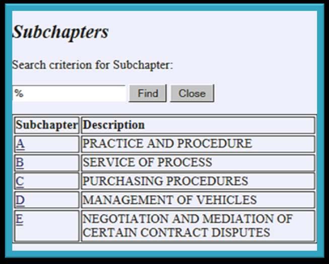 The Subchapter List will reflect the chosen chapter number; select the applicable subchapter