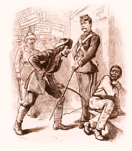 This cartoon from Harper s Weekly shows a federal soldier as the freedman s only defense against white Southerners.