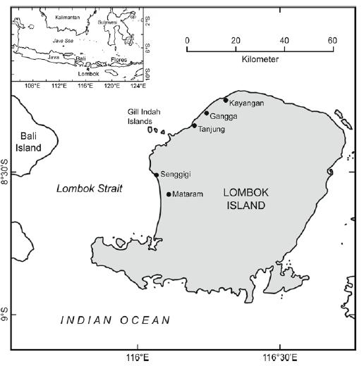Figure 2. Map of the trio Gili Indah, West Lombok.