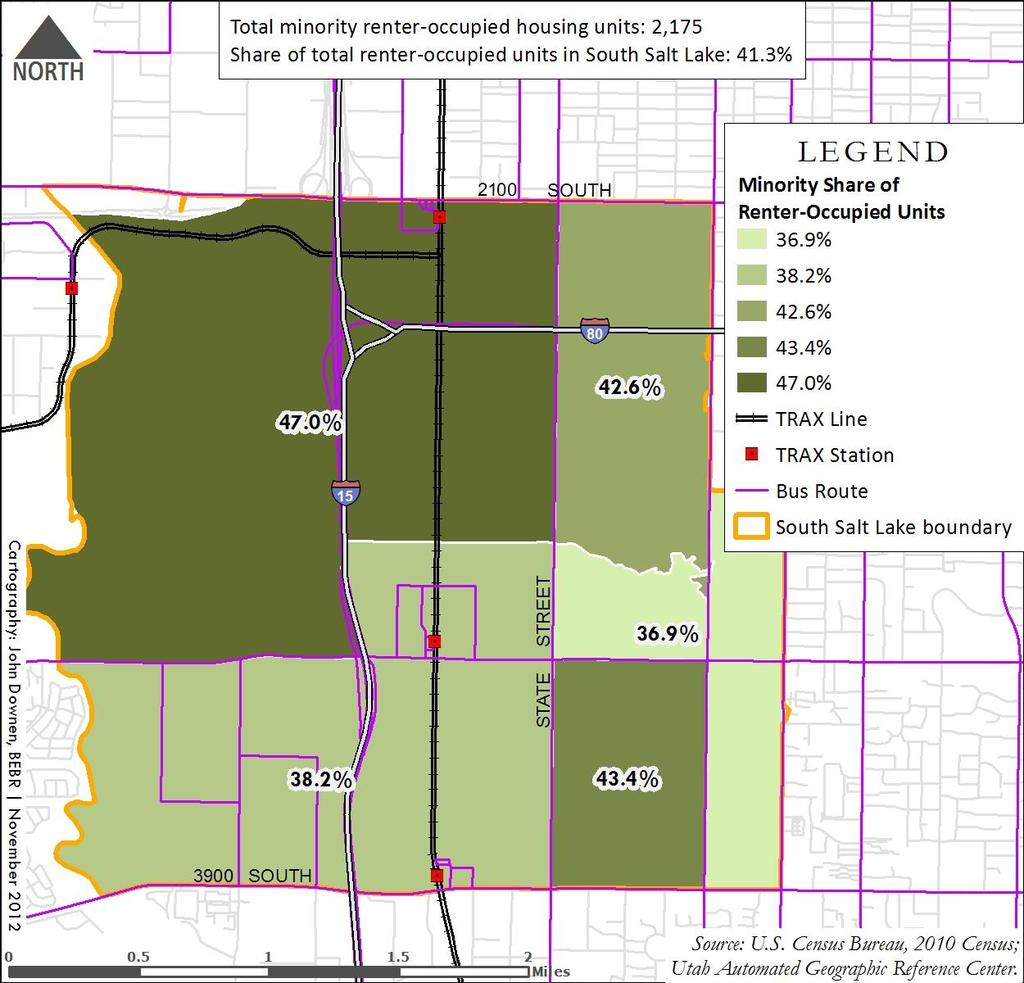 Figure 9 Minority Share of Renter-Occupied Units by Tract in South Salt Lake, 2010 Figure 9 shows the minority share of renter-occupied units in South Salt Lake.