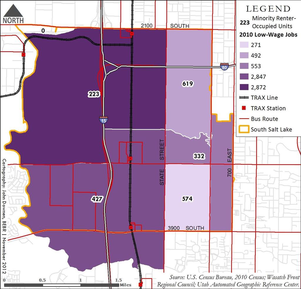 Figure 10 Minority Renter-Occupied Units and Proximity to Low-Wage Jobs in South Salt Lake, 2010 Figure 10 overlays the density of low-wage jobs (shades of purple) with the number of minority