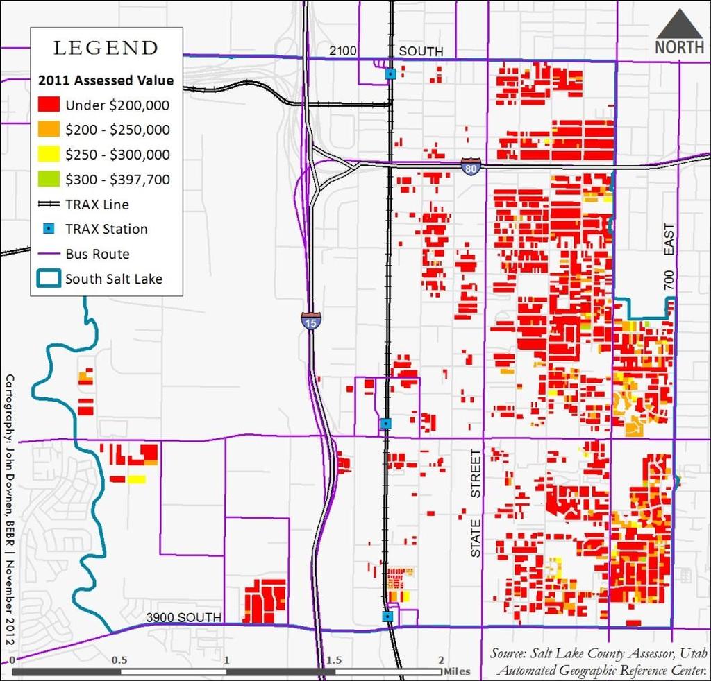 Figure 36 Assessed Value of Detached Single Family Homes in South Salt Lake, 2011 Foreclosed homes have not only a negative effect on residents who lost their homes, but can also negatively affect