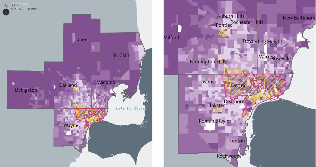 An Equity Profile of the Detroit Region PolicyLink and PERE 76 Connectedness Long commutes for some counties and inner-city communities of color Workers living in the areas directly surrounding the