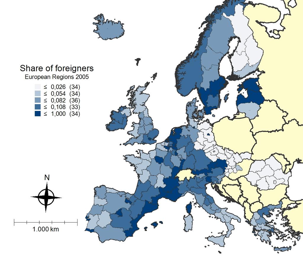 Figure 1: Regional distribution of main variables As can be seen, the proportion of migrants is not necessarily larger in wealthier regions, although there is still a clear pattern in which regions