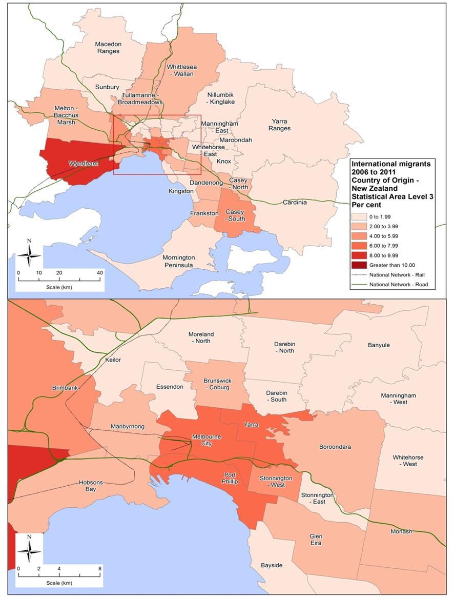 Spatial Distribution of International Migrants from New Zealand The greater Melbourne region attracted 17,263 New Zealand-born migrants between 2006 and 2011. Wyndham (1,701, 9.