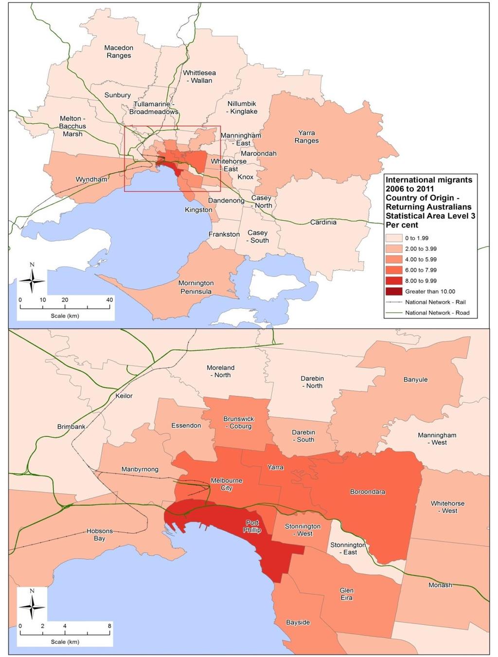 Spatial Distribution of Returning Australians Australian-born migrants from overseas were much more evenly distributed across greater Melbourne than those from the four countries assessed earlier in