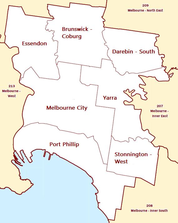 It divides the greater Melbourne region (which is described in ASGS as the Melbourne Greater Capital City Statistical Area (GCCSA)) into 9 areas known as Statistical Area Level 4 (SA4s), as shown in