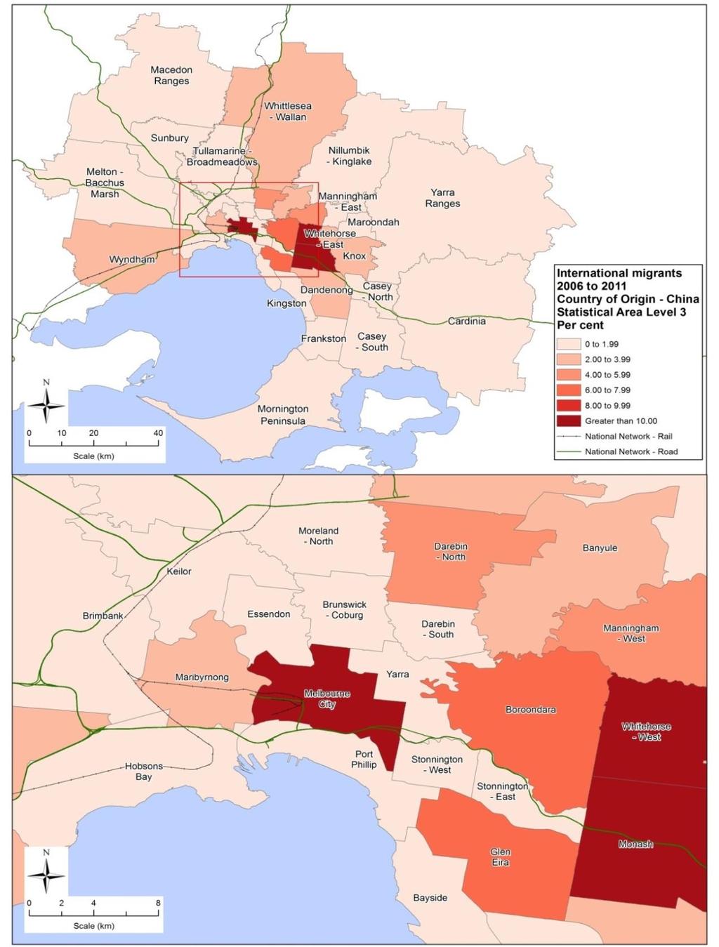 Spatial Distribution of International Migrants from China Many of the 35,804 newly arrived international migrants who were born in China were concentrated in greater Melbourne s inner east,