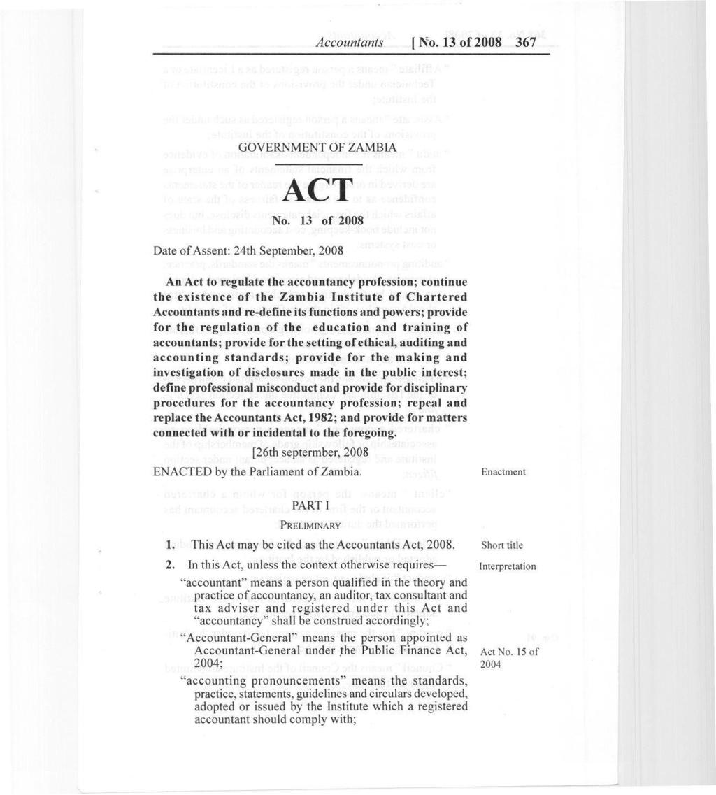 Accountants [No. 13 of 2008 367 GOVERNMENT OF ZAMBIA ACT No.