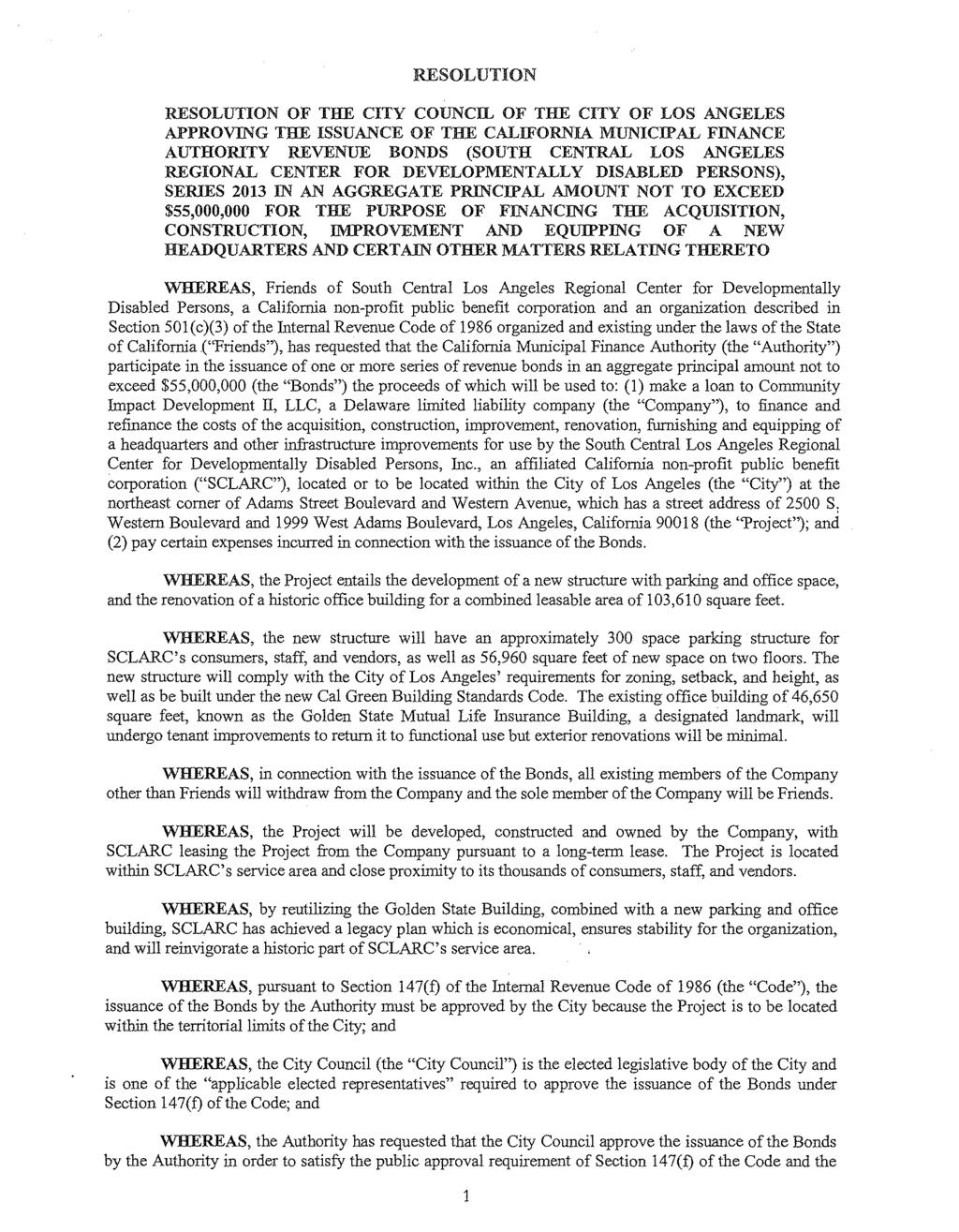 RESOLUTION RESOLUTION OF THE CITY COUNCIL OF THE CITY OF LOS ANGELES APPROVING THE ISSUANCE OF THE CALIFORNIA MUNICIPAL FINANCE AUTHORITY REVENUE BONDS (SOUTH CENTRAL LOS ANGELES REGIONAL CENTER FOR
