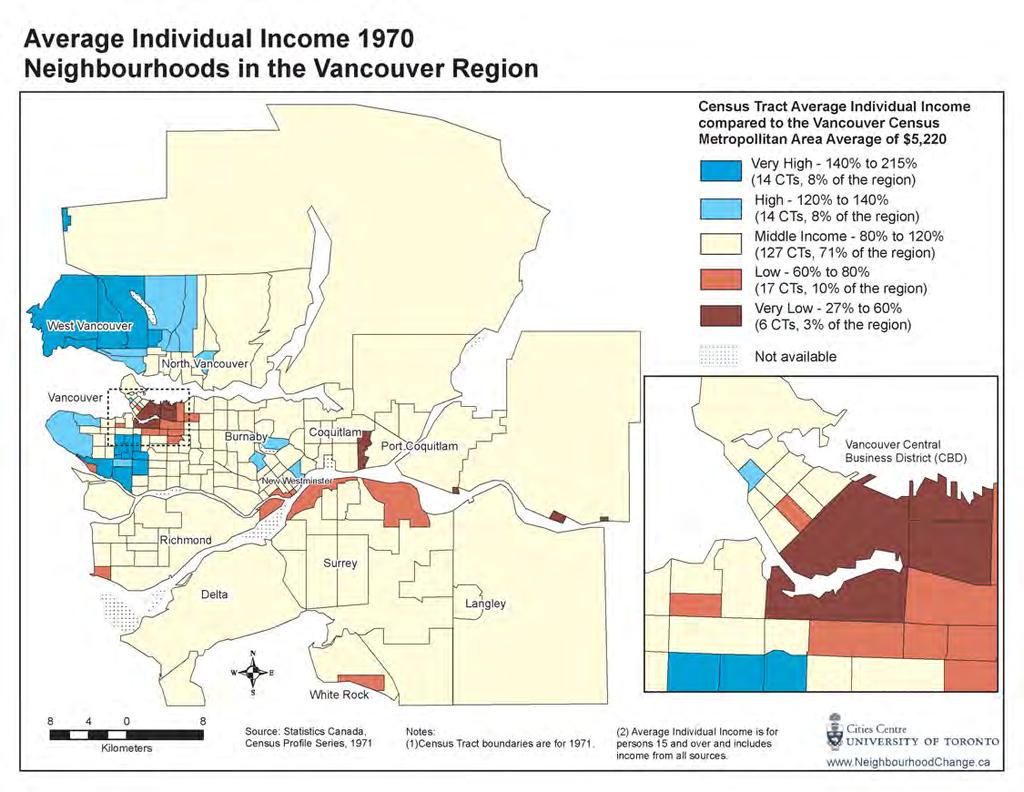 Changes in Neighbourhood Incomes, 1970 and 2005: We begin by examining the geography of personal incomes at each end of the period, in 1970 and again in 2005.