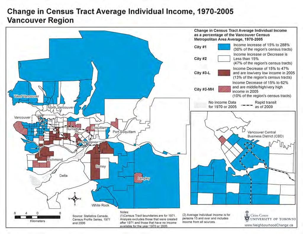 Changing Geographies of Income, 1970-2005: We then divided Greater Vancouver s neighbourhoods into three groups, City #1, #2 and #3, according to how the change in average individual incomes in