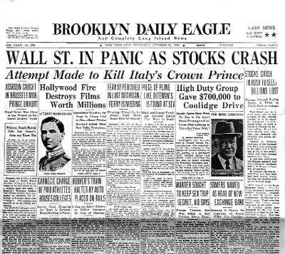 October 24, 1929, Black Thursday, stock values fall. People panic and sell.
