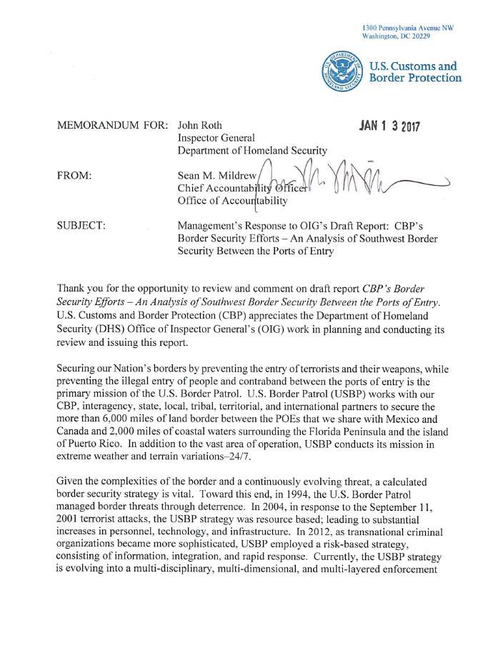 Appendix D CBP Response Memorandum OFFICE OF