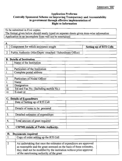 p Name Annexure '111' Aoolication.. Proforma Centrally Sponsored Scheme on mproving Transparency and Accountability in government through effective implementation of 1 To be submitted in Five copies.