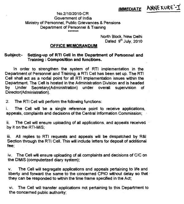 Government of ndia Ministry of Personnel, Public Grievances & Pensions Department of Personnel & Training **- OFFCE MEMORANDUM North Block, New Delhi Dated 9h July, 2010 Subject- Setting-up of RT