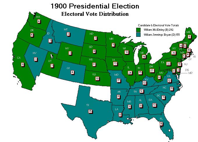 Electoral Map of 1900 (Blue = Bryan, Green =