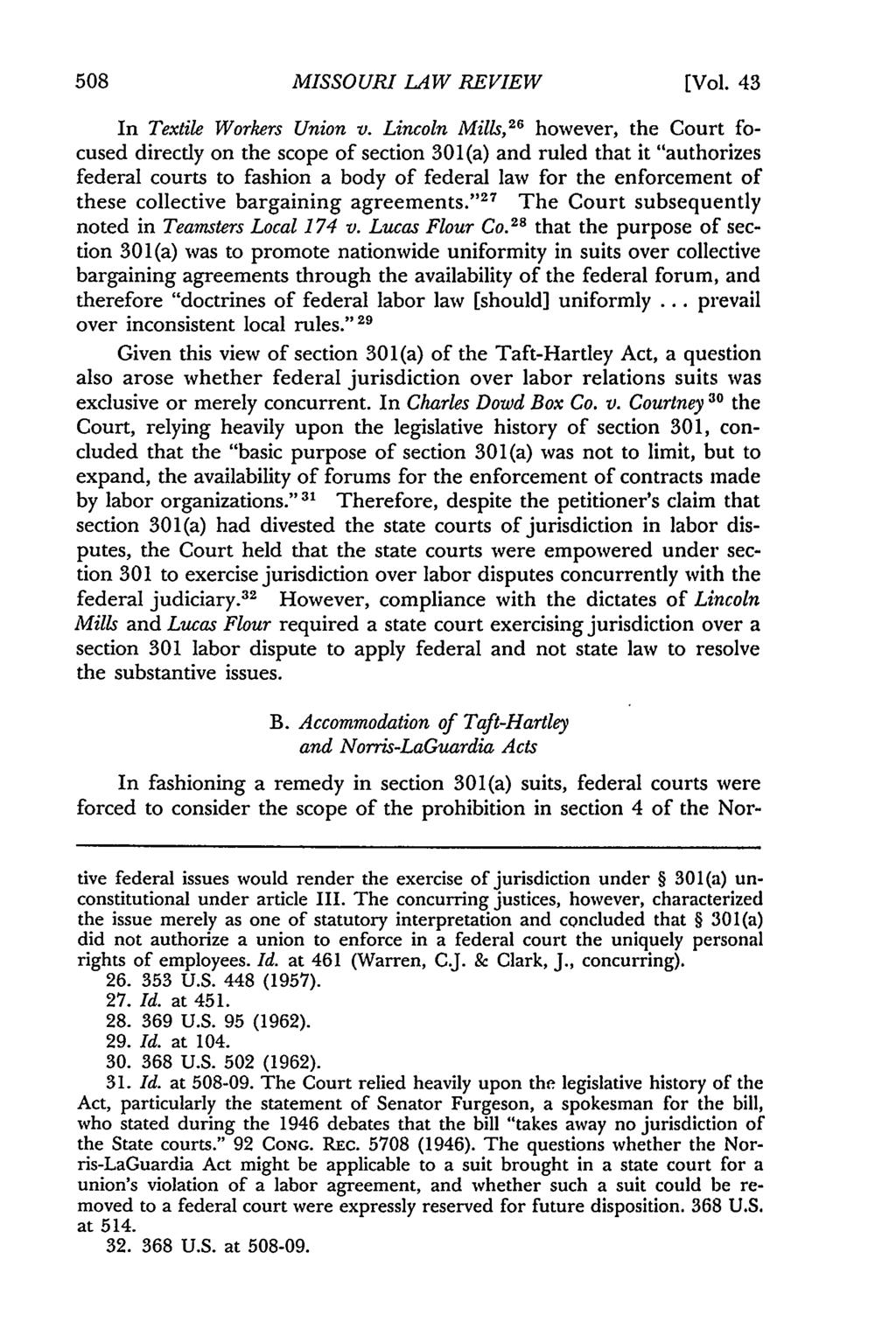 Missouri Law Review, Vol. 43, Iss. 3 [1978], Art. 4 MISSOURI LAW REVIEW [Vol. 43 In Textile Workers Union v.