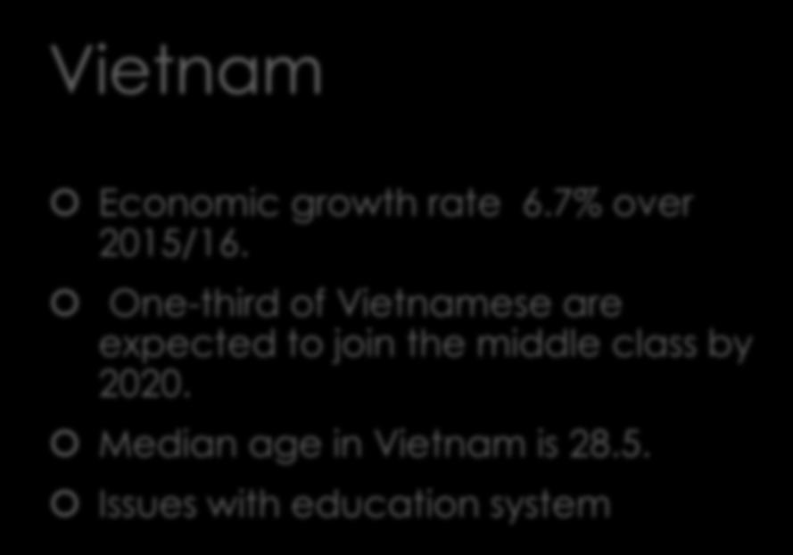 Emerging markets 2016-2020 Vietnam Economic growth rate 6.7% over 2015/16.