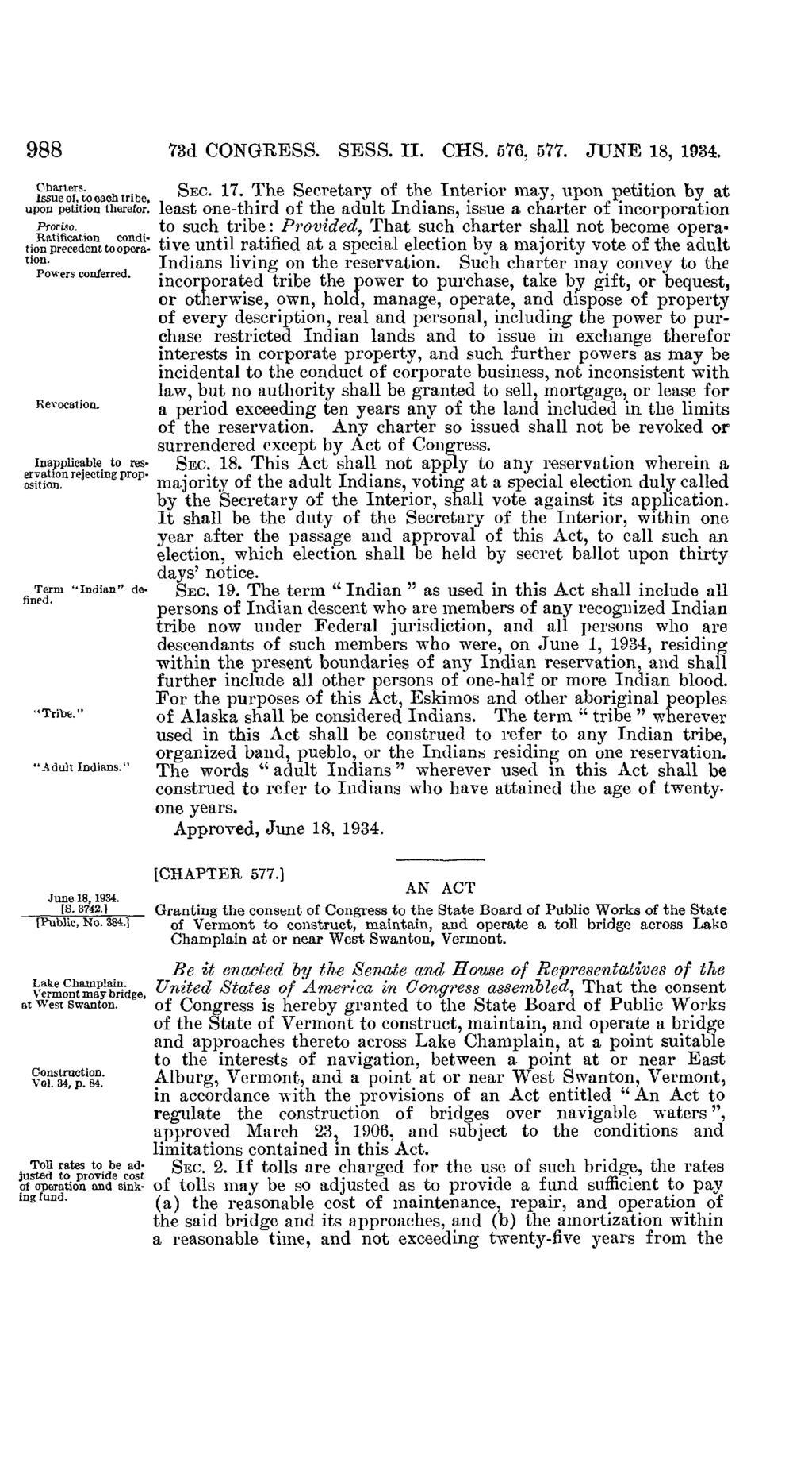 ate Case: 15-4080 Document: 01019509856 Date Filed: 10/19/2015 Page: 1 988 73d CONGRESS. SESS. II. CHS. 576, 577. JUNE 18, 1934. issue of SEC. 17.