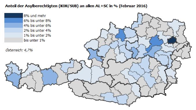 Anteil der Asylberechtigten* nach Arbeitsmarktbezirken im Februar 2016 *Asylberechtigte: