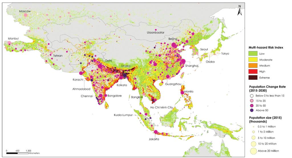 LEAVE NO ONE BEHIND Figure 2-16 Multi-hazard disaster risks of cities in Asia and the Pacific Source: ESCAP based on urban data from UN-DESA (2014).