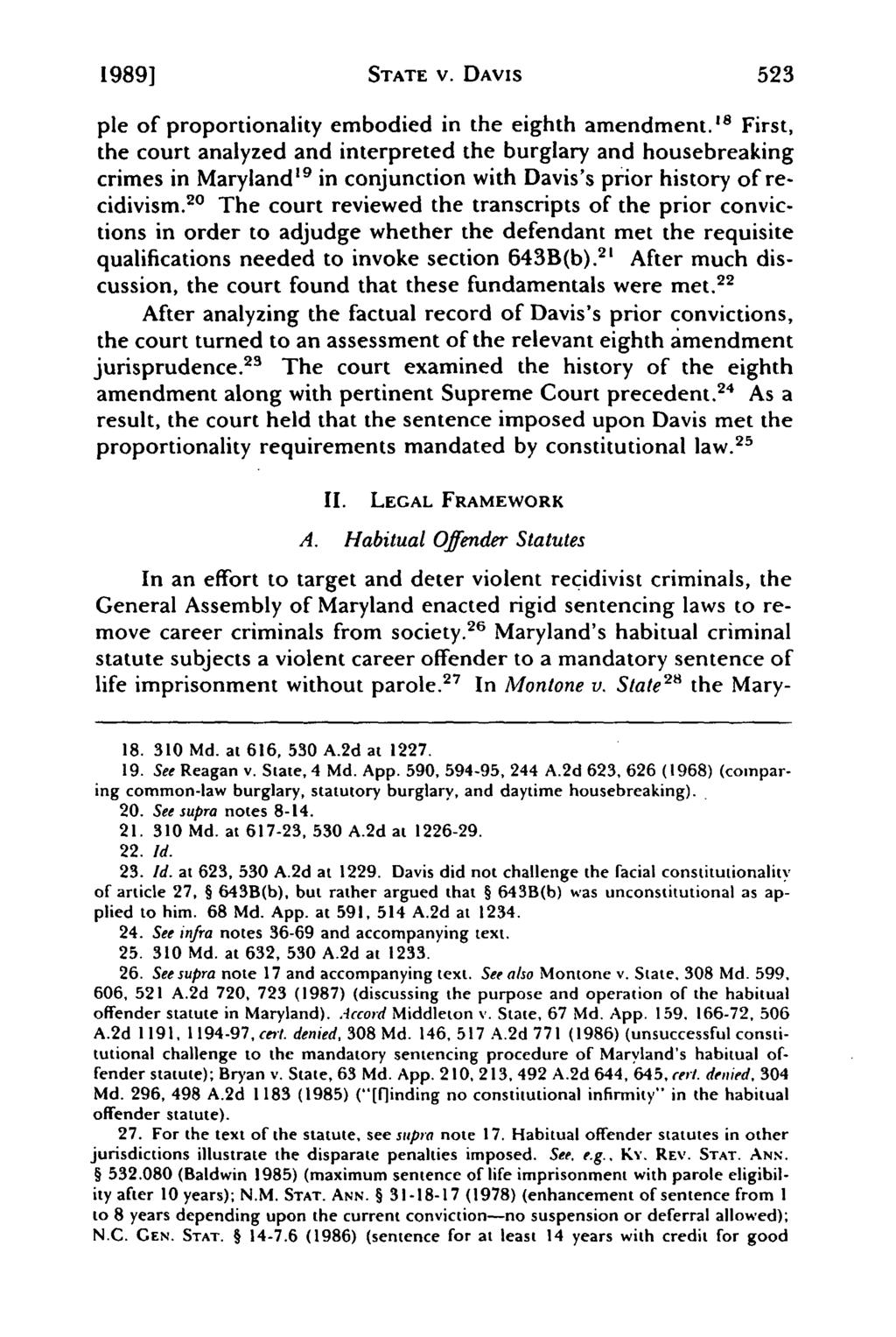 1989] STATE V. DAVIS pie of proportionality embodied in the eighth amendment.