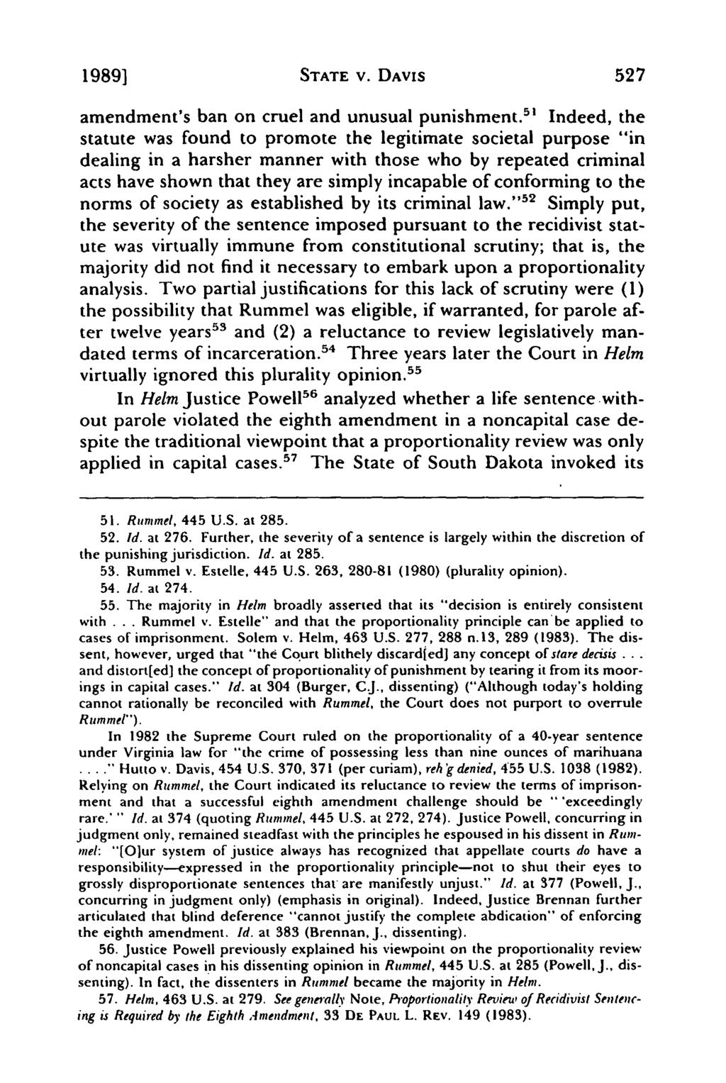 19891 STATE V. DAVIS 527 amendment's ban on cruel and unusual punishment.
