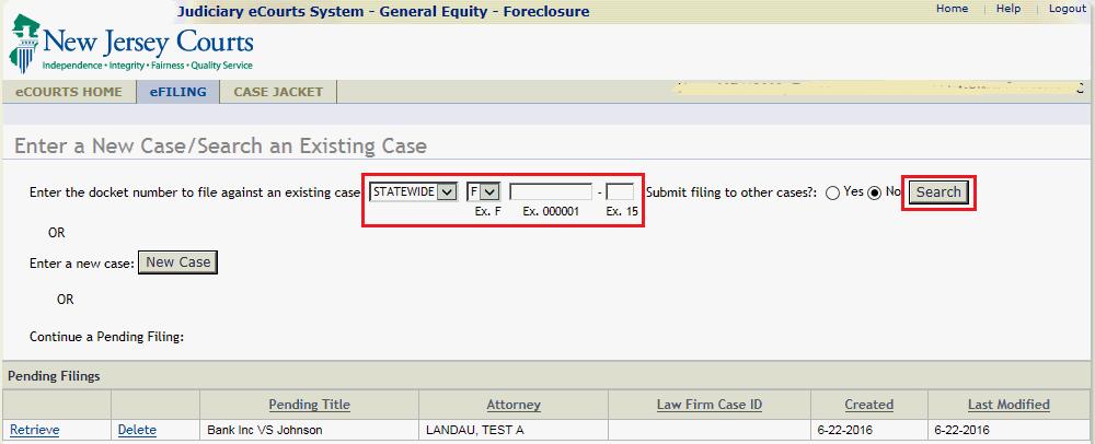 efiling Tab From the efiling Tab, the user will have the ability to perform the following functions: File against an existing case File the same document against multiple case File a complaint