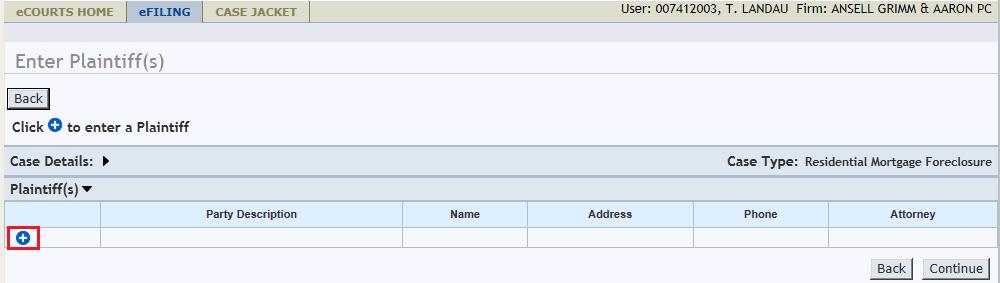 Note: For non-complaint filings, the '+' icon will be located below the Select Filer or Movant/Adversary section.