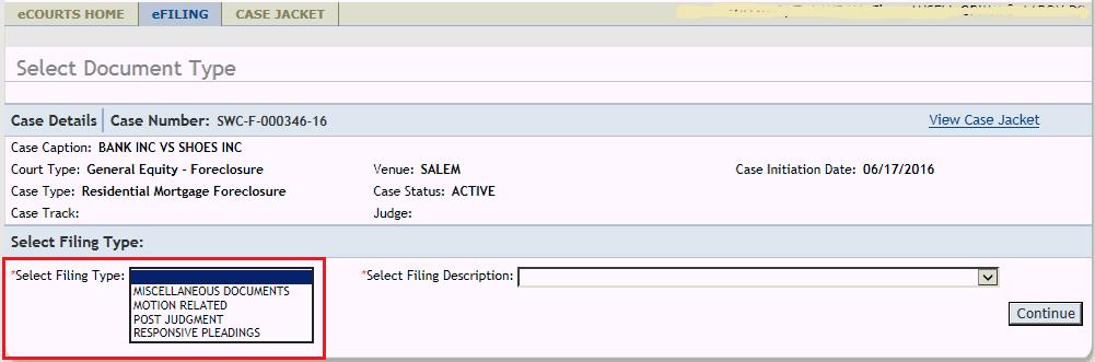 Upload Document - Non-Complaint Select Filing Type After searching the docket number, the user can verify the