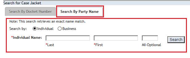 Search By Party Name To begin searching for a case by Party Name, follow the below steps: 1. Click on the Search By Party Name tab 2.