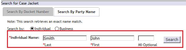 Note: Individual name search retrieves exact name matches Note: A middle initial can also be added to the search, but is optional