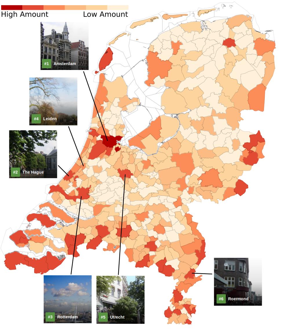 5 Rank Zone % 1 Amsterdam 18.84% 2 Roermond 6.61% 3 Maastricht 5.67% 4 Haarlemmermeer 4.74% 5 Venlo 3.44% 6 Amstelveen 2.60% 7 Heerlen 2.53% 8 Sluis 2.47% 9 Breda 2.46% 10 Rotterdam 2.