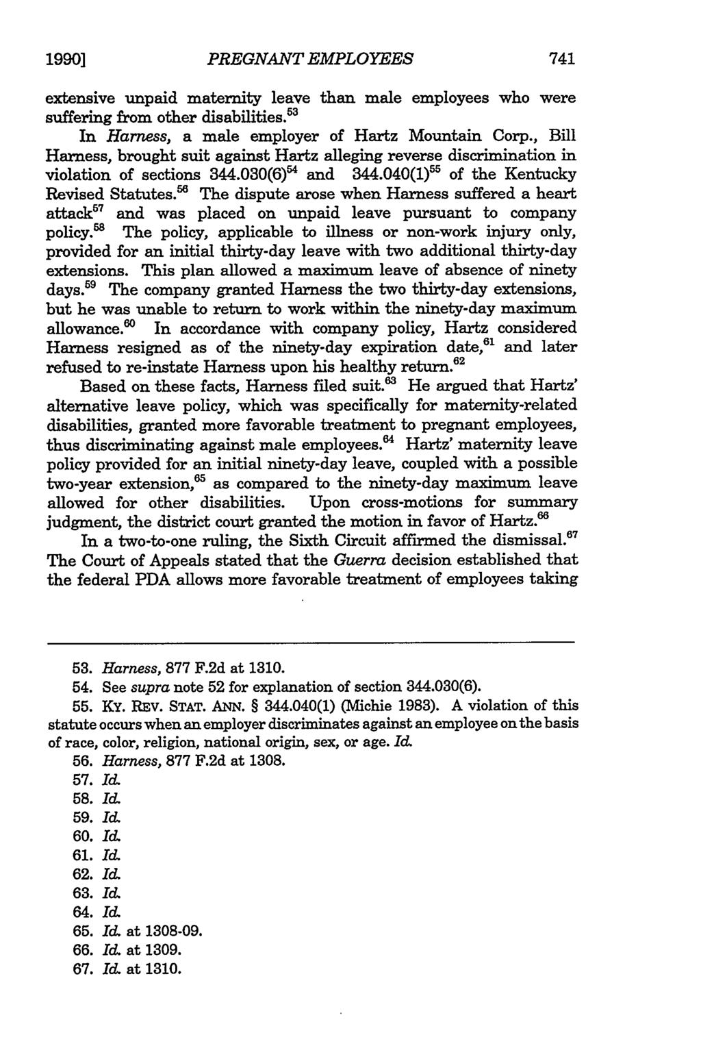 1990] Pulliam: Pulliam: Opening the Floodgates PREGNANT EMPLOYEES extensive unpaid maternity leave than male employees who were suffering from other disabilities.
