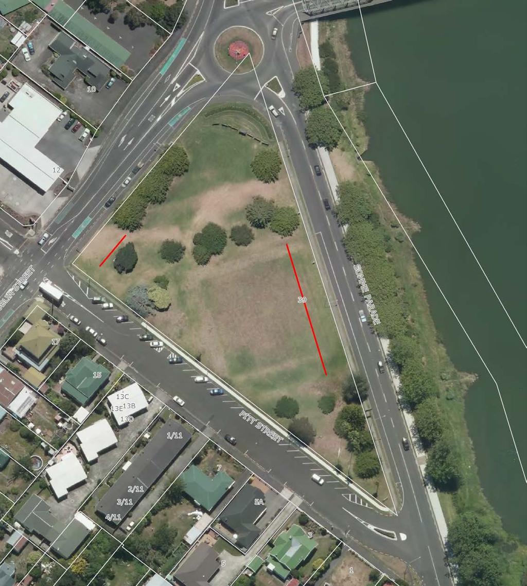 Map 1 - Cornmarket Reserve Sign to be at least 10m from the kerb and channel Available area for signs in red Original Sheet Size: Scale: 1:1000 Projection: NZGD49 / New Zealand Map Grid Bounds: