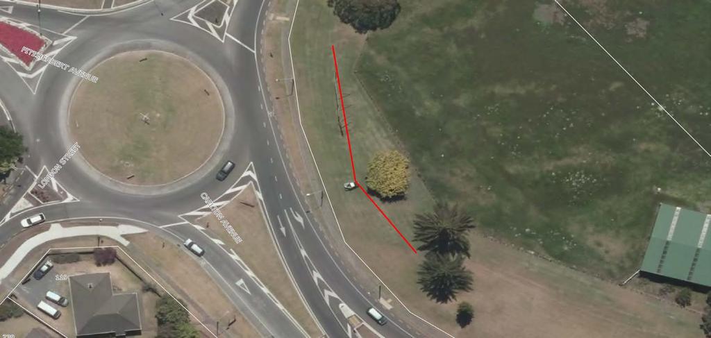 Map 2 - London Street roundabout Sign to be at least 10m from the kerb and channel Available area for signs in red Original Sheet Size: Scale: 1:500 Projection: NZGD49 / New Zealand Map Grid Bounds: