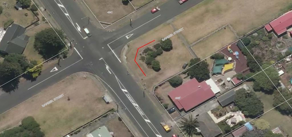 Map 6 - Corner of Bamber Street and Cornfoot Street Sign to be at least 10m from the kerb and channel Available area for signs in red Original Sheet Size: Scale: 1:500 Projection: NZGD49 / New