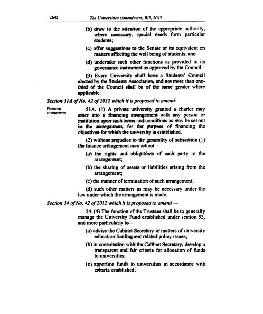 2642 The Universities (Amendment) Bill, 2015 (b) draw to the attention of the appropriate authority, when necessary, special needs form particular students; (c) offer suggestions to the Senate or its