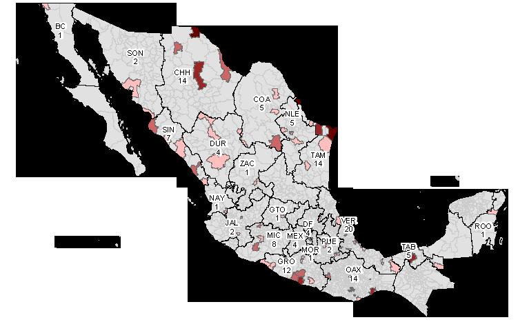 Figure 18: Map of Journalists and Media-Support Workers Killed in Mexico (January 2000-December 2015) Source: Justice in Mexico Memoria dataset. Map generated by Theresa Firestine.